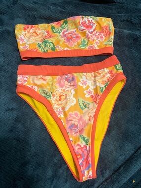 Lovers + Friends Yellow Floral Bandeau Bikini with Coral Trim